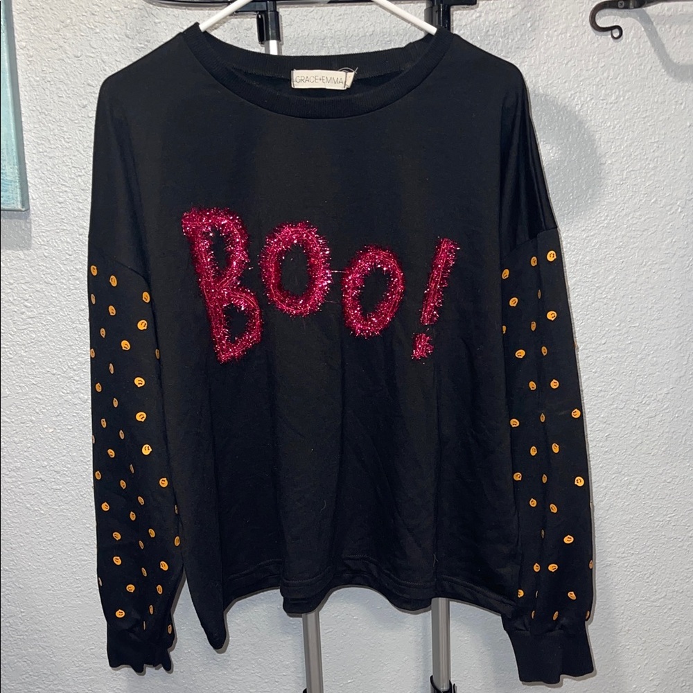 Black Halloween Sweatshirt with Pink and Orange Accents